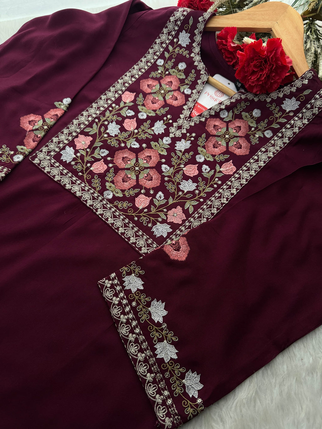 Wine Short Straight Embroidered Ethnic Kurti for Women | Casual Office Wear Daily Wear