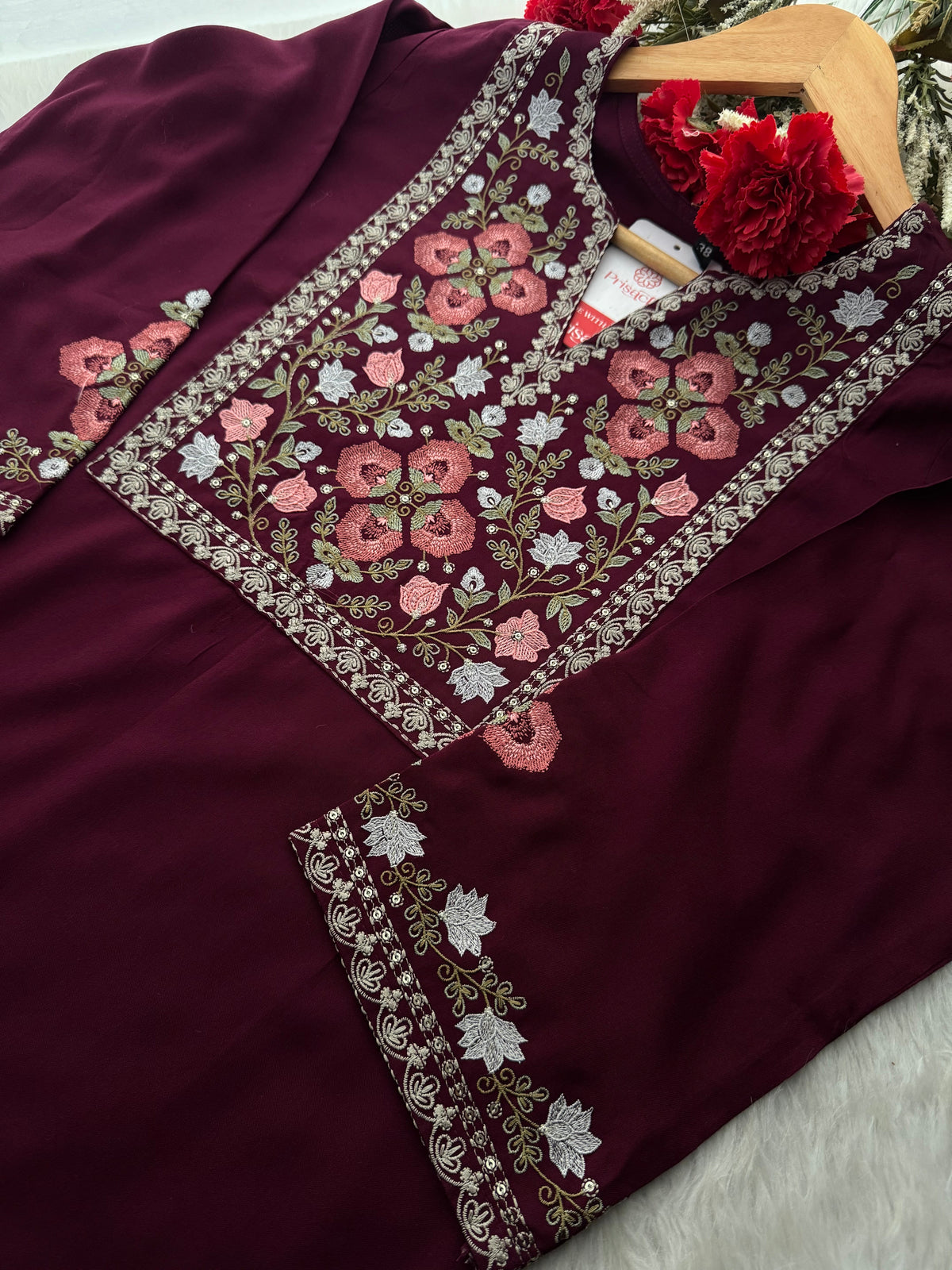 Wine Short Straight Embroidered Ethnic Kurti for Women | Casual Office Wear Daily Wear