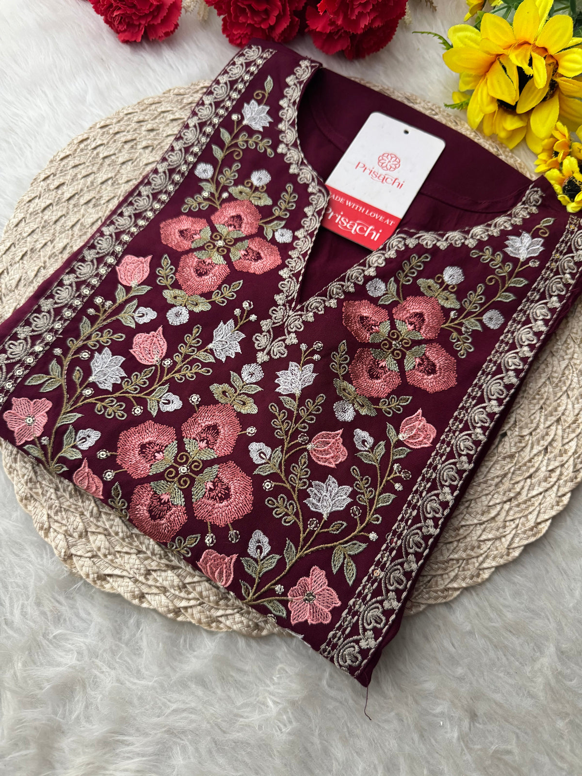 Wine Short Straight Embroidered Ethnic Kurti for Women | Casual Office Wear Daily Wear