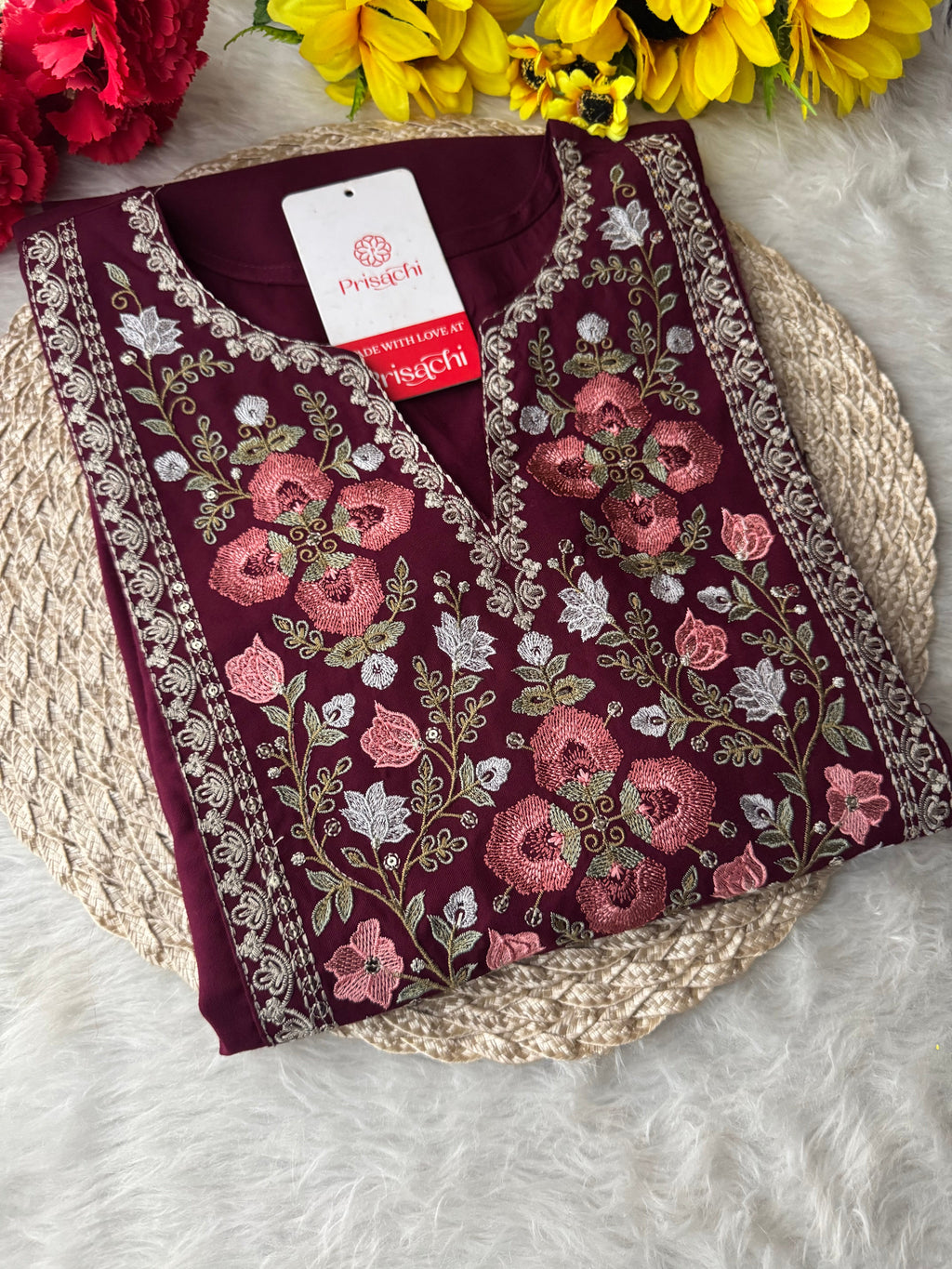 Wine Short Straight Embroidered Ethnic Kurti for Women | Casual Office Wear Daily Wear