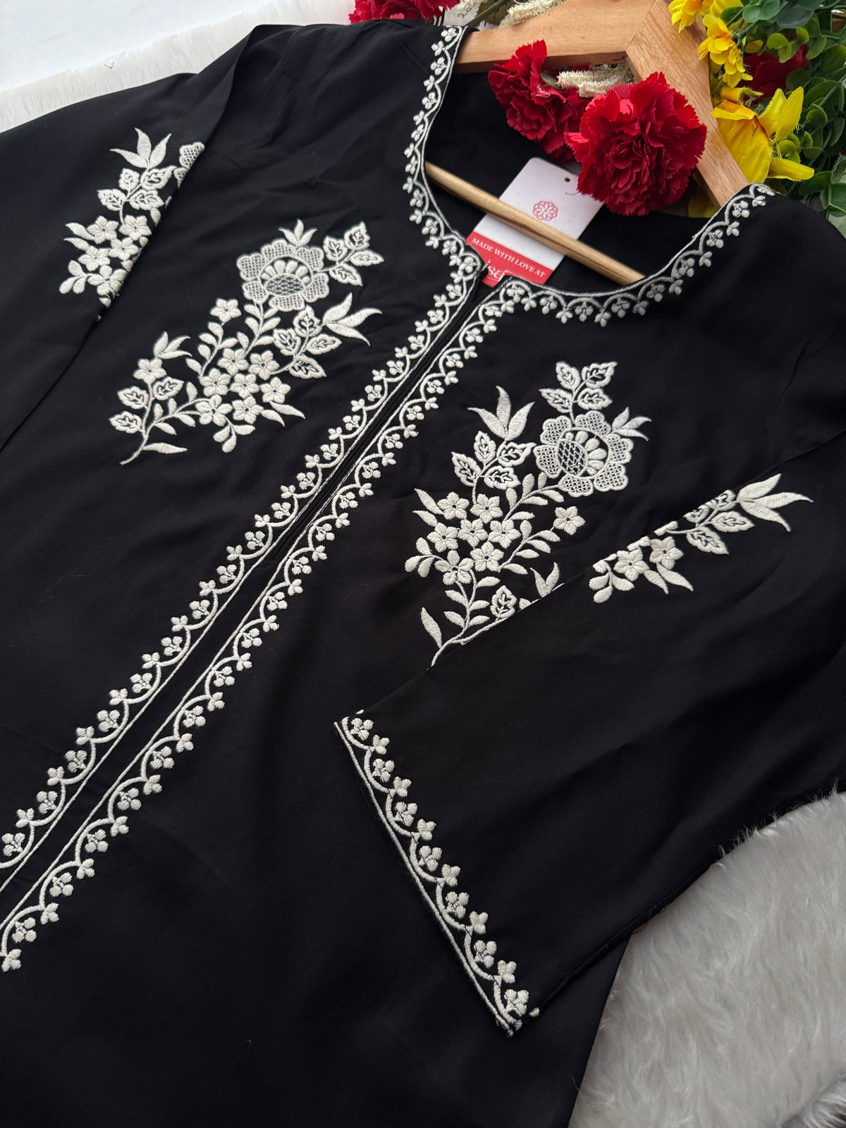 Black  Short Straight White Thread Embroidered Kurti for Women