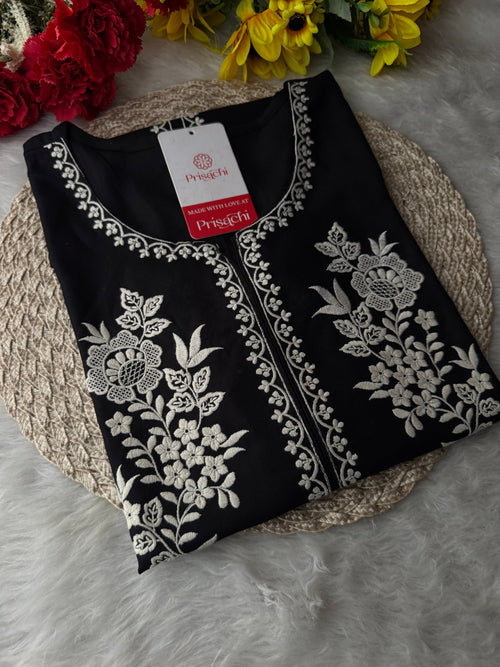 Black  Short Straight White Thread Embroidered Kurti for Women