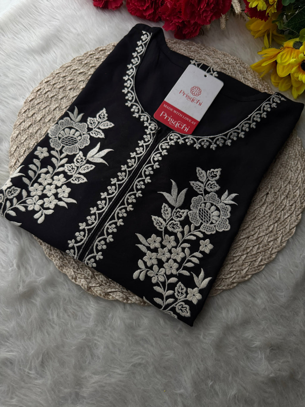 Black  Short Straight White Thread Embroidered Kurti for Women