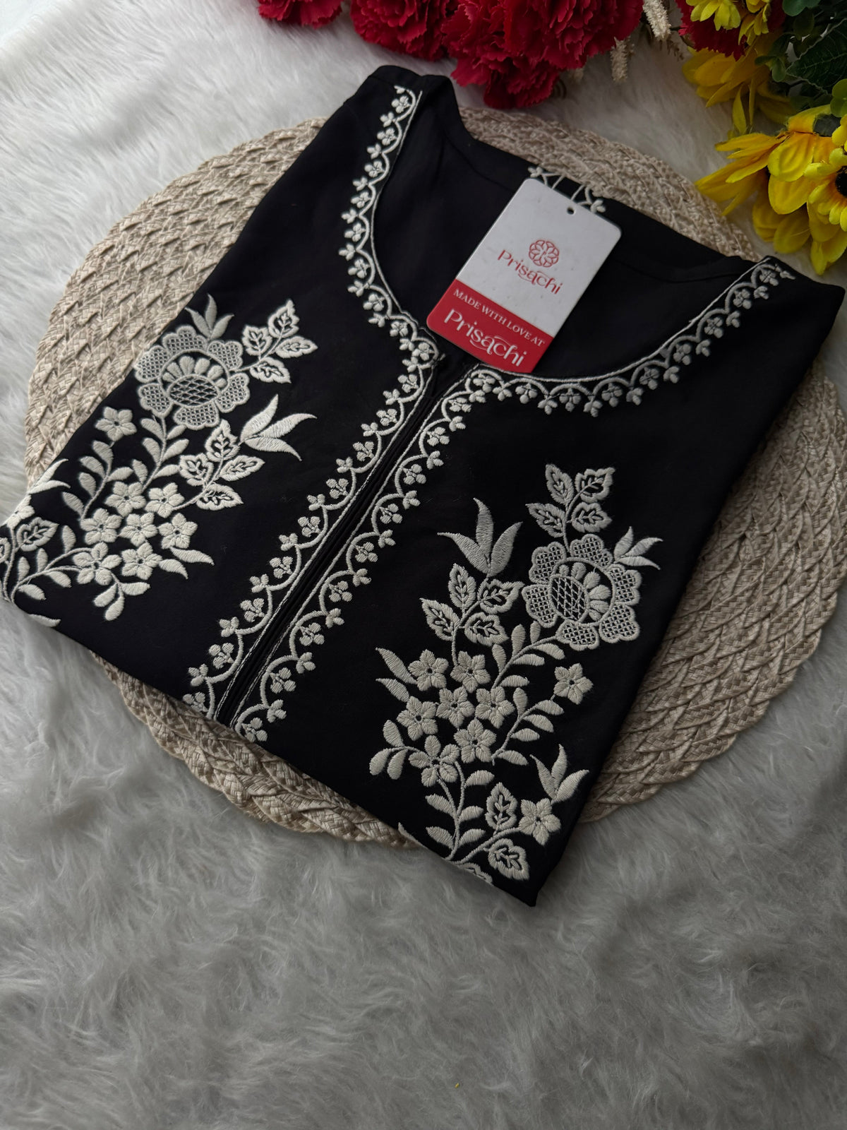 Black  Short Straight White Thread Embroidered Kurti for Women