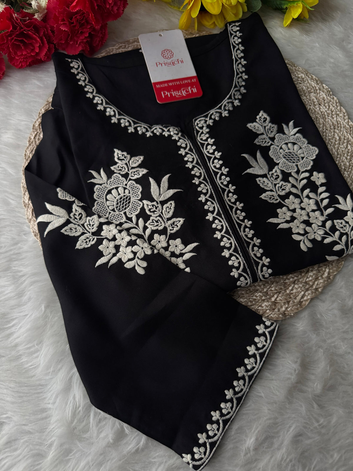 Black  Short Straight White Thread Embroidered Kurti for Women