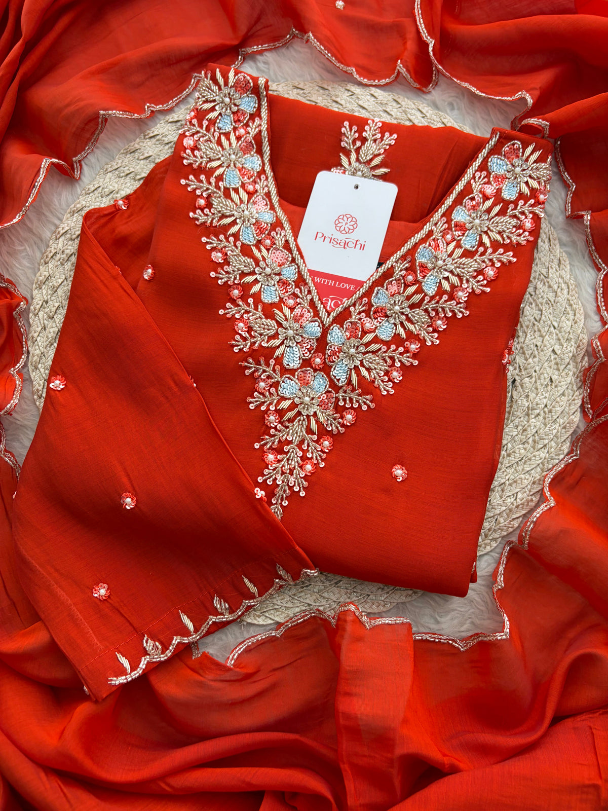 Orange Zardozi Embroidered Ethnic Kurta Set for Women with Dupatta & Pants | Festive Traditional Suit Set