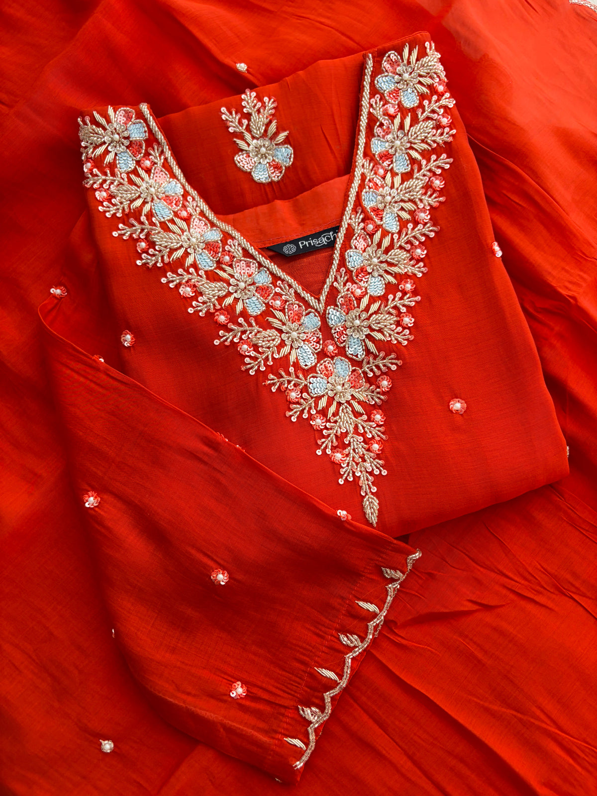 Orange Zardozi Embroidered Ethnic Kurta Set for Women with Dupatta & Pants | Festive Traditional Suit Set