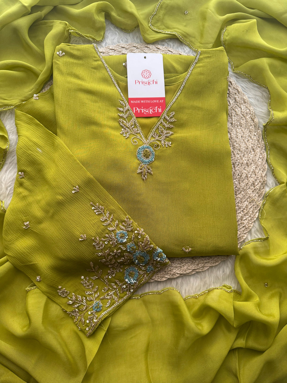 Green Designer Embroidered A-Line Kurta Set with Dupatta & Pants