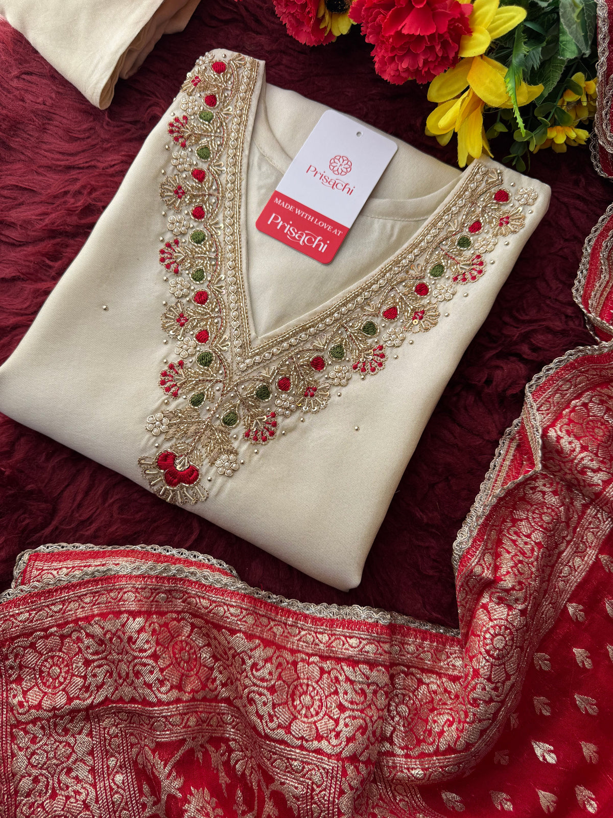 Off White Embroidered Kurta Set with Pants And Red Banarasi Dupatta for Women