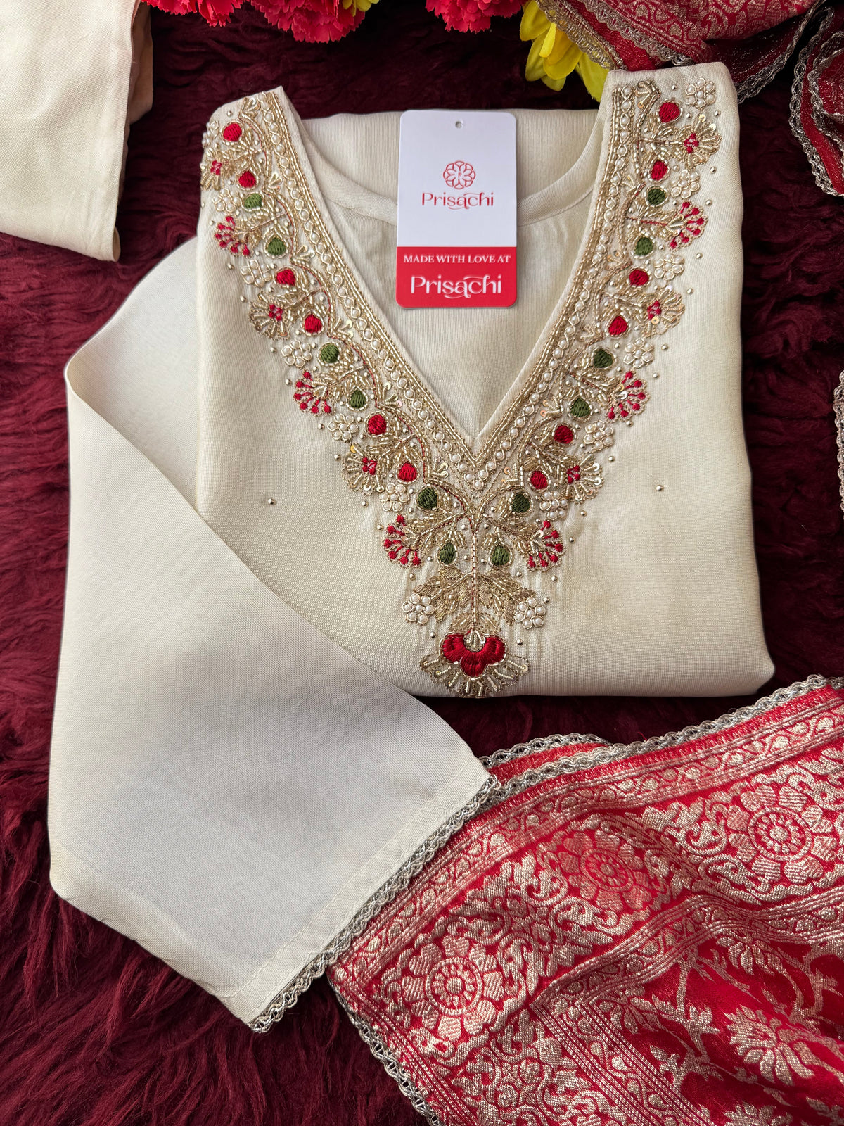 Off White Embroidered Kurta Set with Pants And Red Banarasi Dupatta for Women