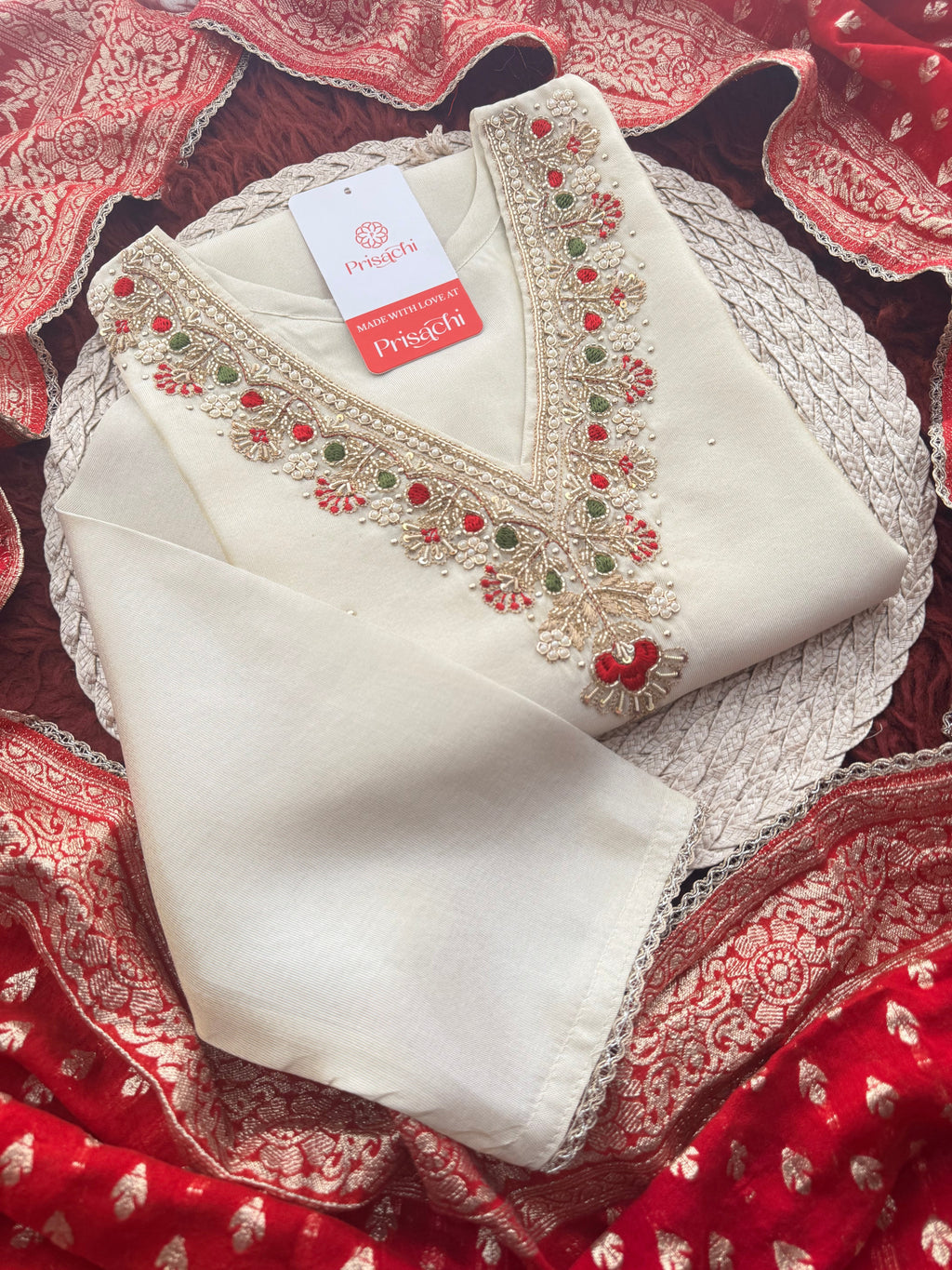 Off White Embroidered Kurta Set with Pants And Red Banarasi Dupatta for Women