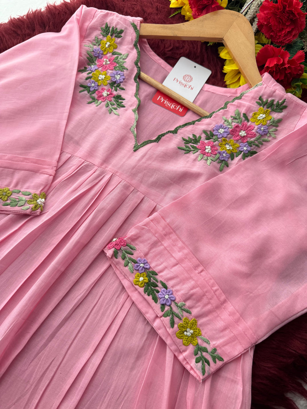 Pink Thread Embroidered A-Line Kurti Pant Co-ord Set | Ethnic Office & Daily Wear
