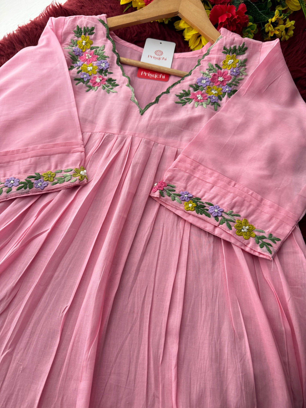 Pink Thread Embroidered A-Line Kurti Pant Co-ord Set | Ethnic Office & Daily Wear