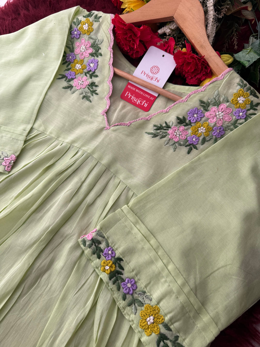 Green Thread Embroidered A-Line Kurti Pant Co-ord Set | Ethnic Office & Daily Wear