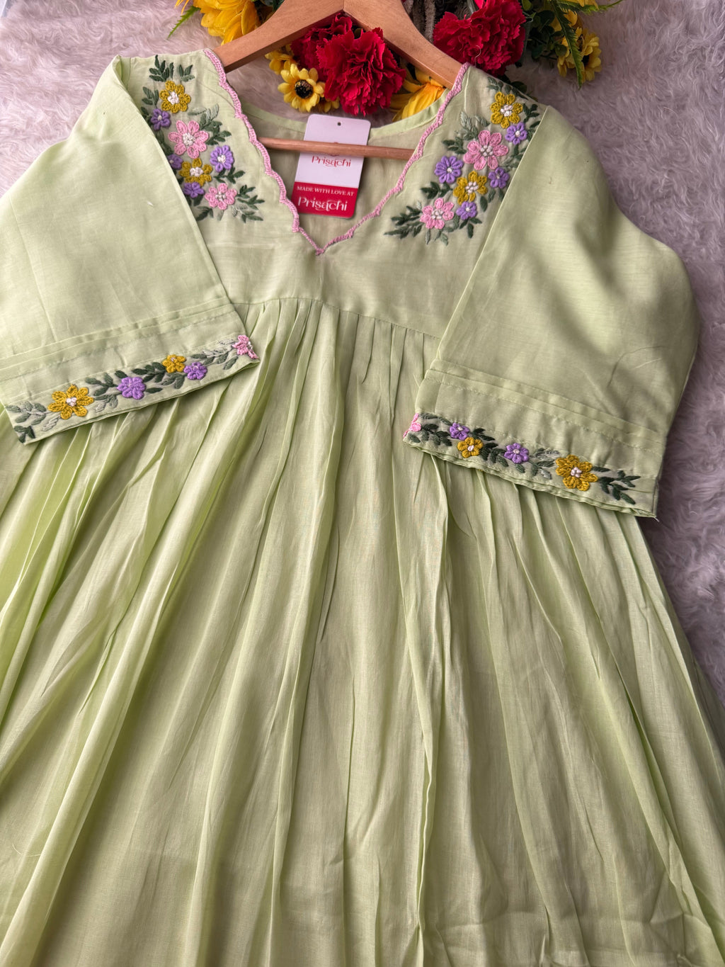 Green Thread Embroidered A-Line Kurti Pant Co-ord Set | Ethnic Office & Daily Wear