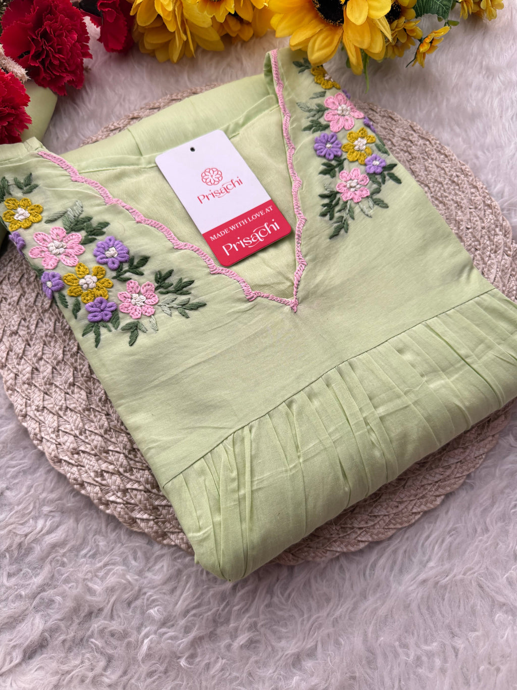 Green Thread Embroidered A-Line Kurti Pant Co-ord Set | Ethnic Office & Daily Wear