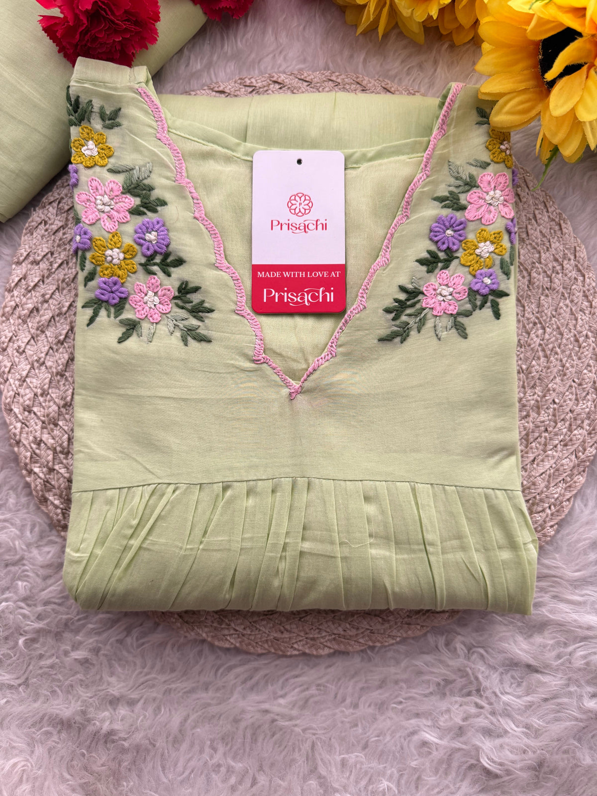 Green Thread Embroidered A-Line Kurti Pant Co-ord Set | Ethnic Office & Daily Wear