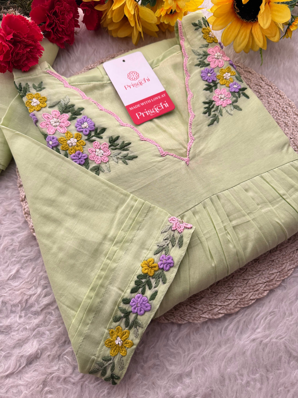Green Thread Embroidered A-Line Kurti Pant Co-ord Set | Ethnic Office & Daily Wear
