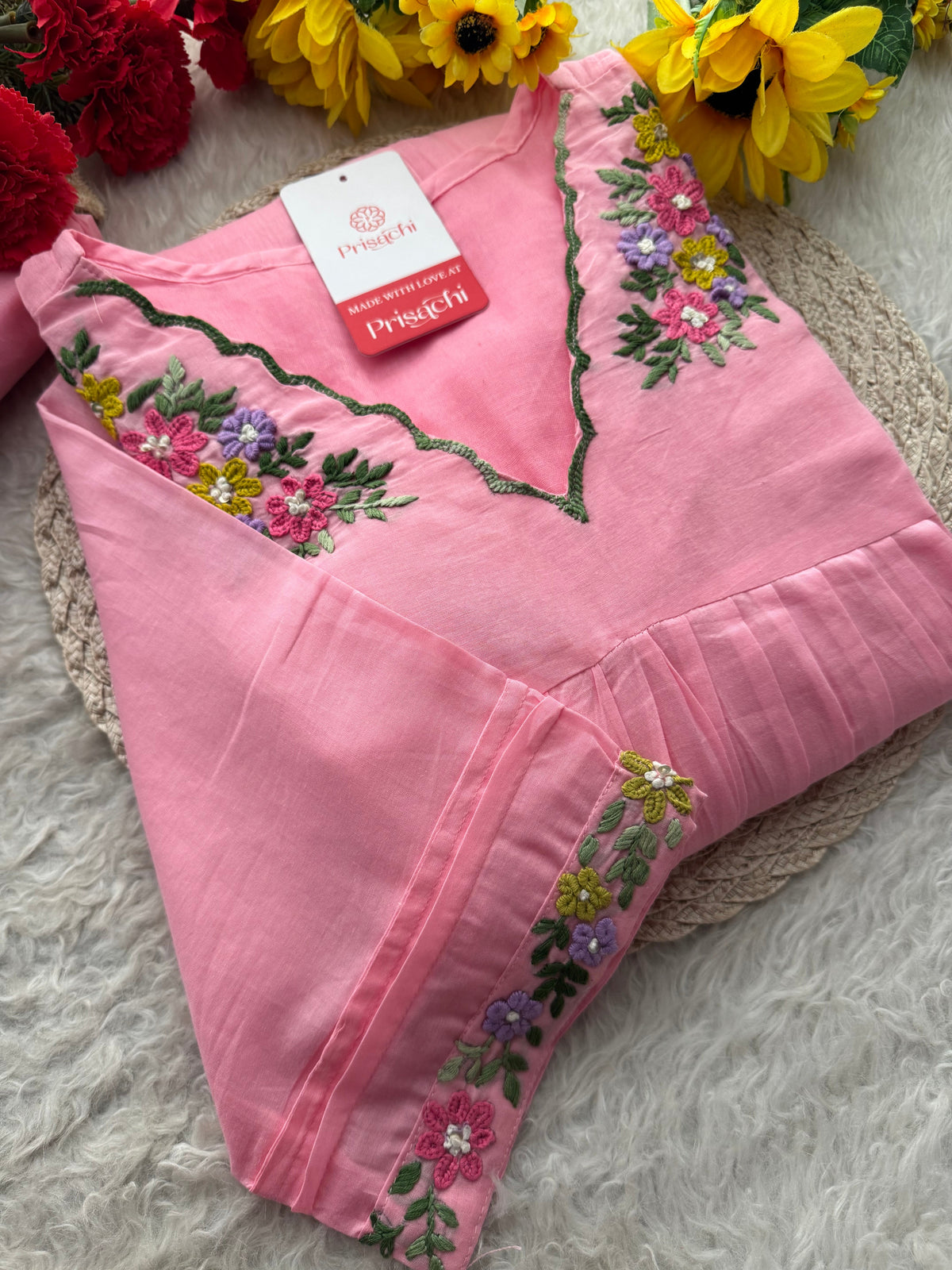 Pink Thread Embroidered A-Line Kurti Pant Co-ord Set | Ethnic Office & Daily Wear