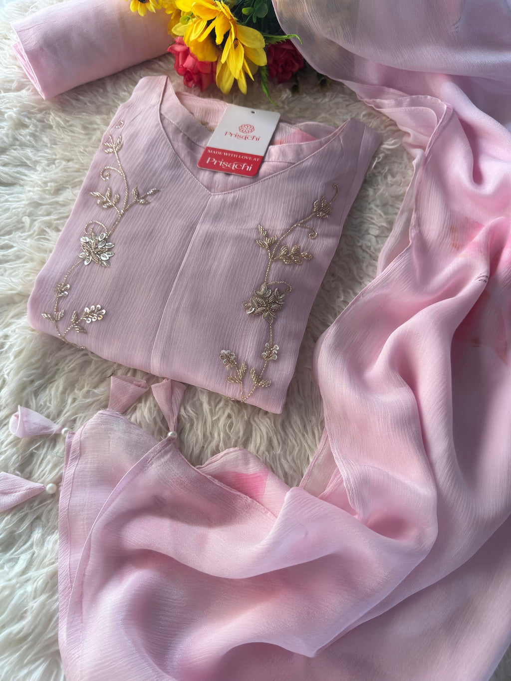 Prisachi Pink Embroidered kurta set with dupatta