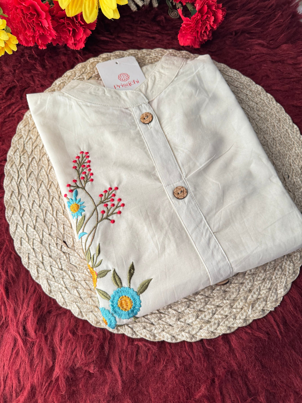 Off White Floral Thread Embroidered Short Kurti for Women | A-Line Fit Ethnic Wear