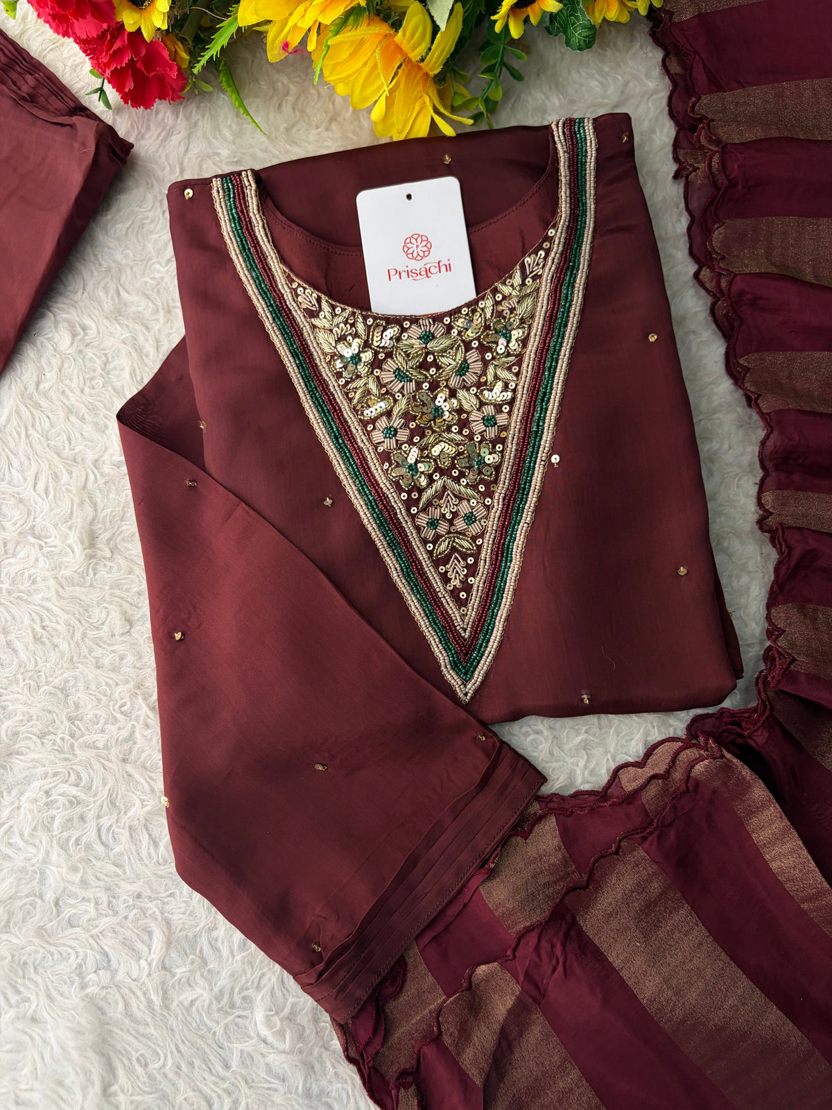 Brown Embroidered Kurta Set with Palazzo Pants & Dupatta | Festive & Party Wear Ethnic Sharara Set