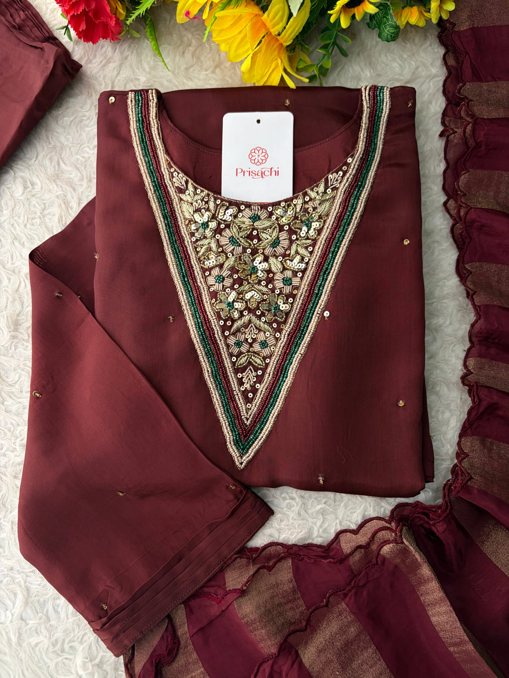 Brown Embroidered Kurta Set with Palazzo Pants & Dupatta | Festive & Party Wear Ethnic Sharara Set