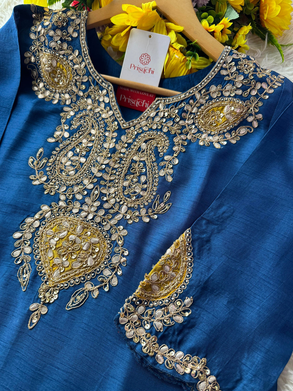 Blue Designer Embroidered kurta pant with dupatta.