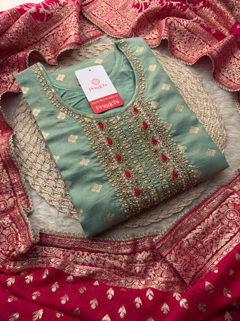 Sea Green Zardozi Embroidered Kurta Set for Women with Pants & Banarasi Dupatta | Traditional Ethnic Wear