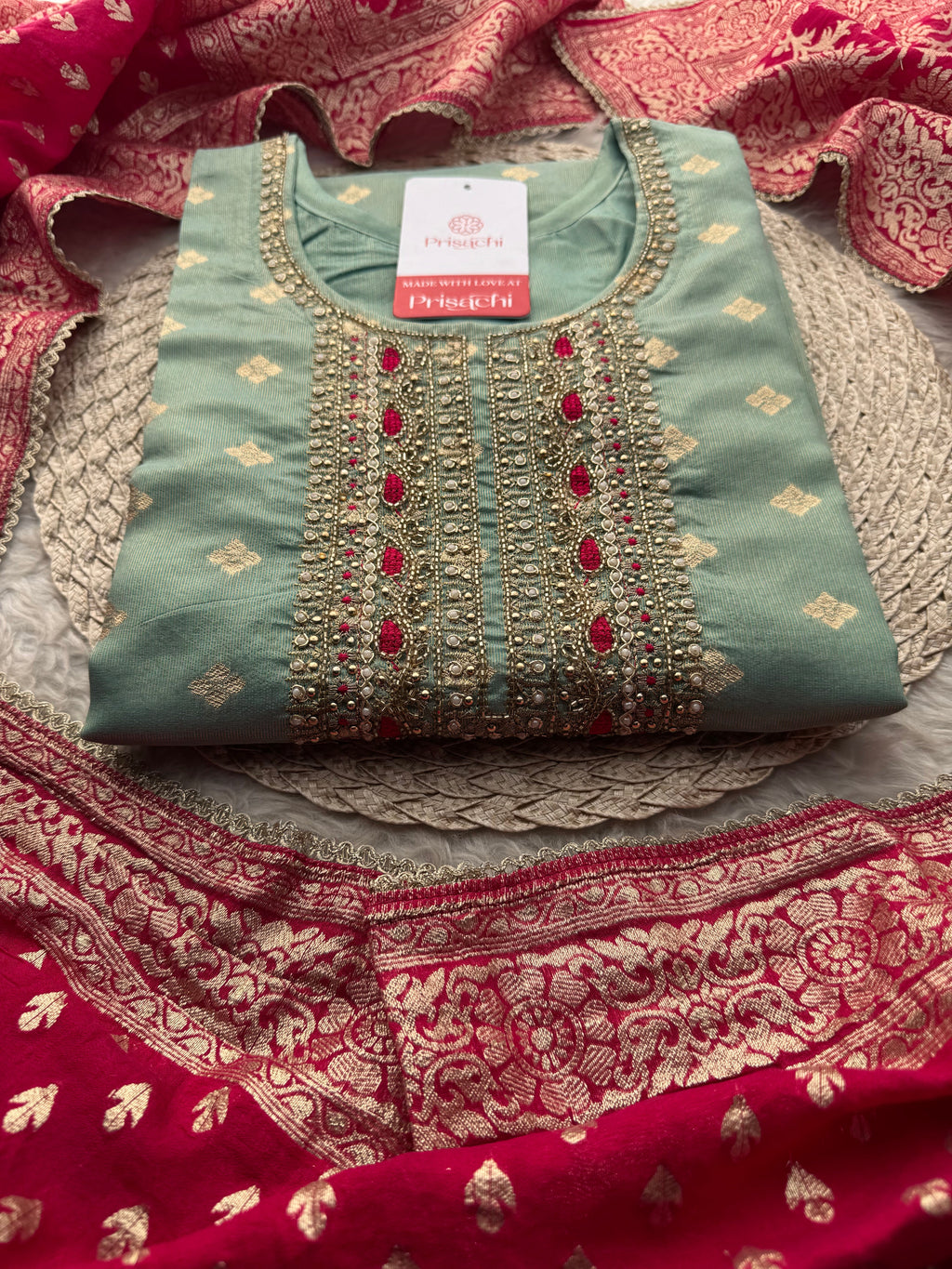 Sea Green Zardozi Embroidered Kurta Set for Women with Pants & Banarasi Dupatta | Traditional Ethnic Wear
