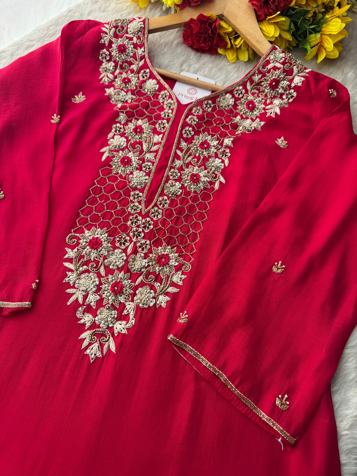 Pink Zardozi Embroidered Kurta Set for Women with Pants & Dupatta | Traditional Ethnic Wear