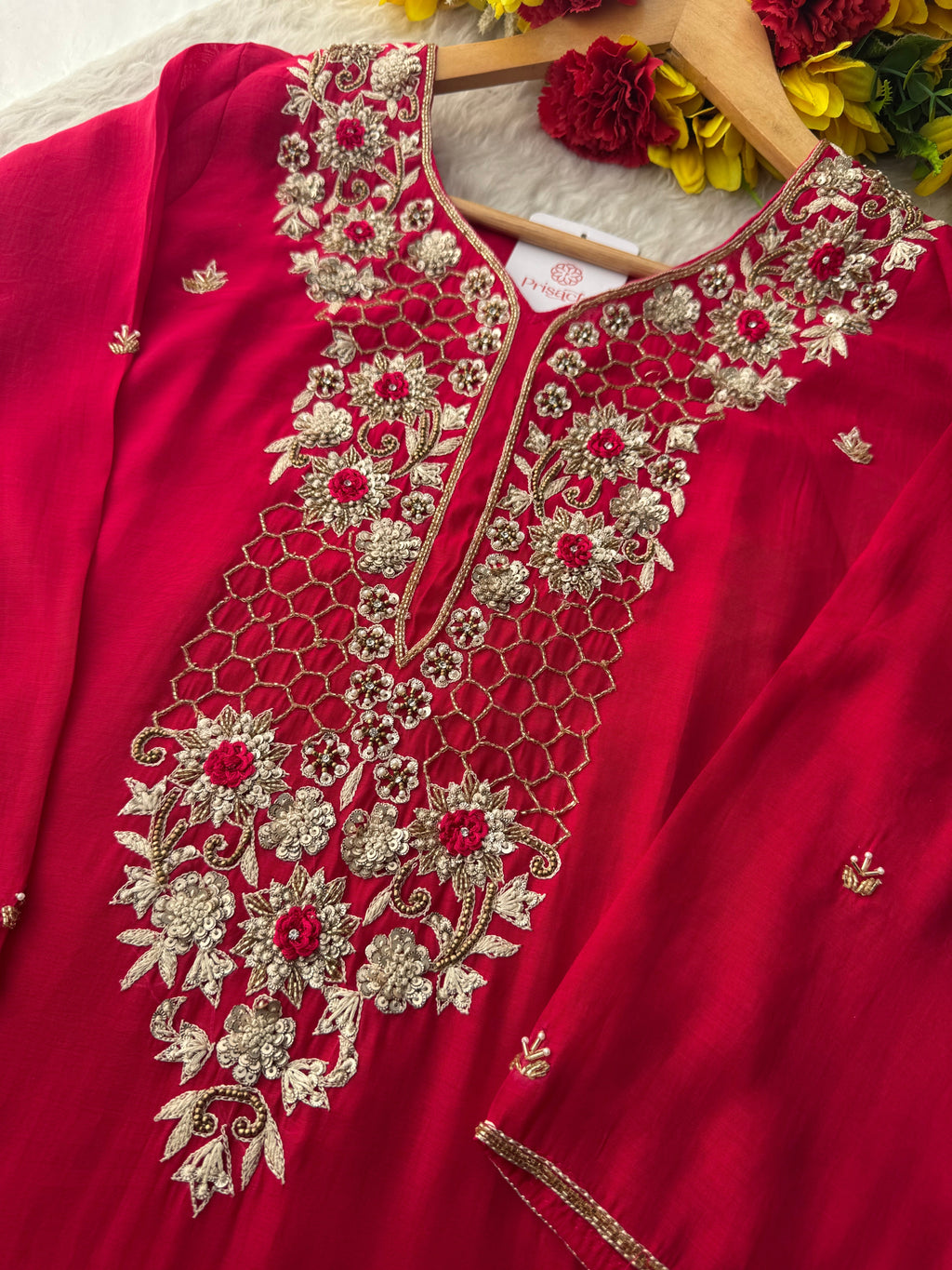 Pink Zardozi Embroidered Kurta Set for Women with Pants & Dupatta | Traditional Ethnic Wear