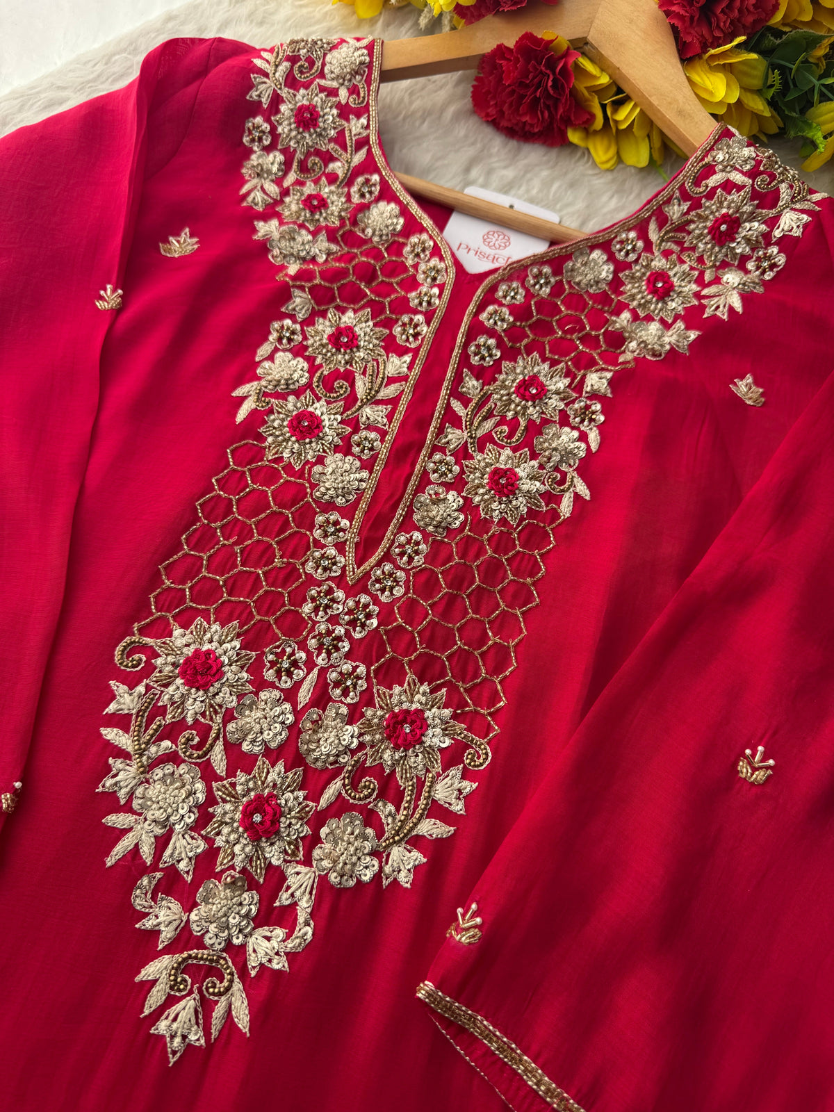Pink Zardozi Embroidered Kurta Set for Women with Pants & Dupatta | Traditional Ethnic Wear