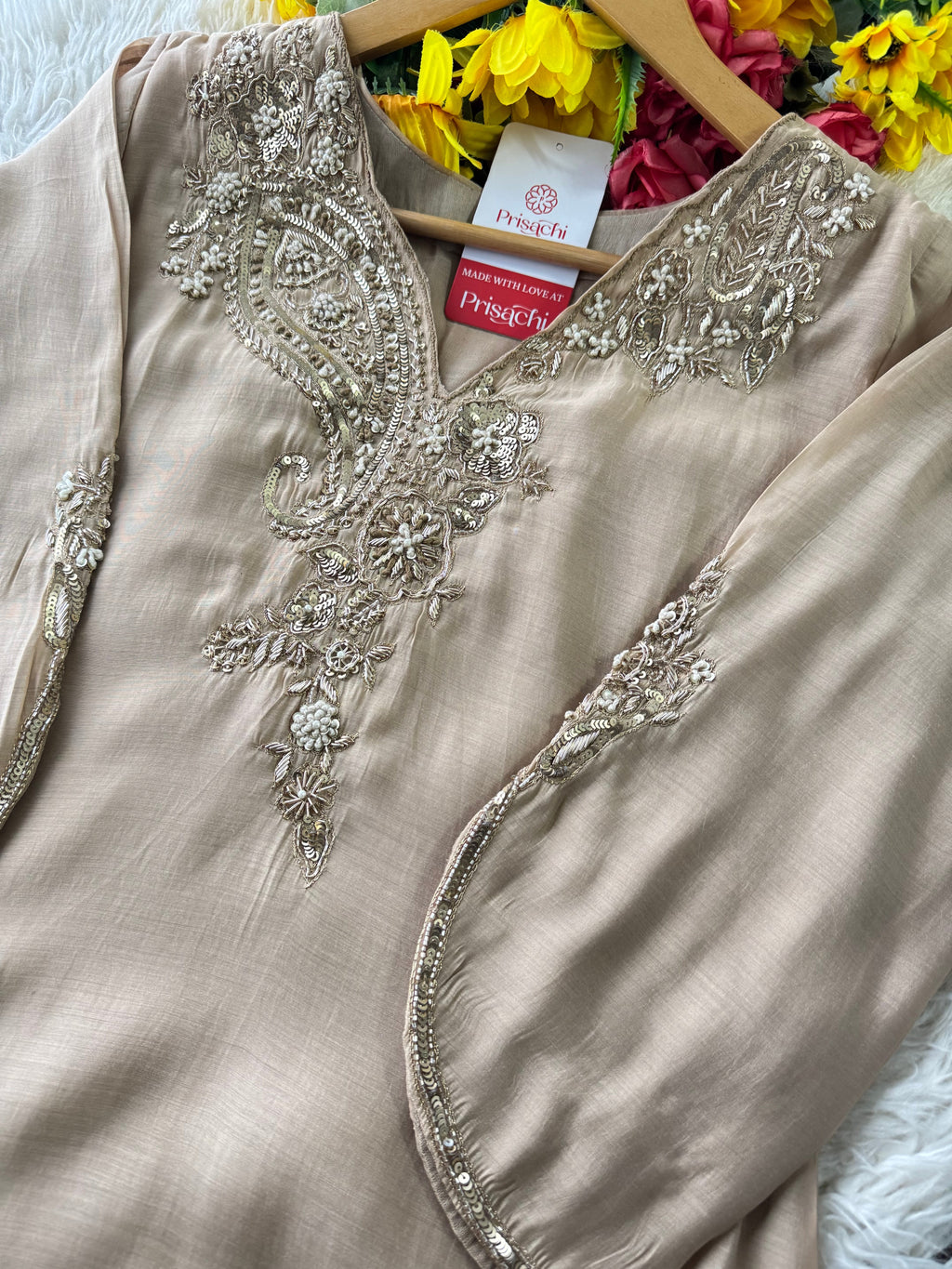 Beige Designer Embroidered kurta set with pant with dupatta