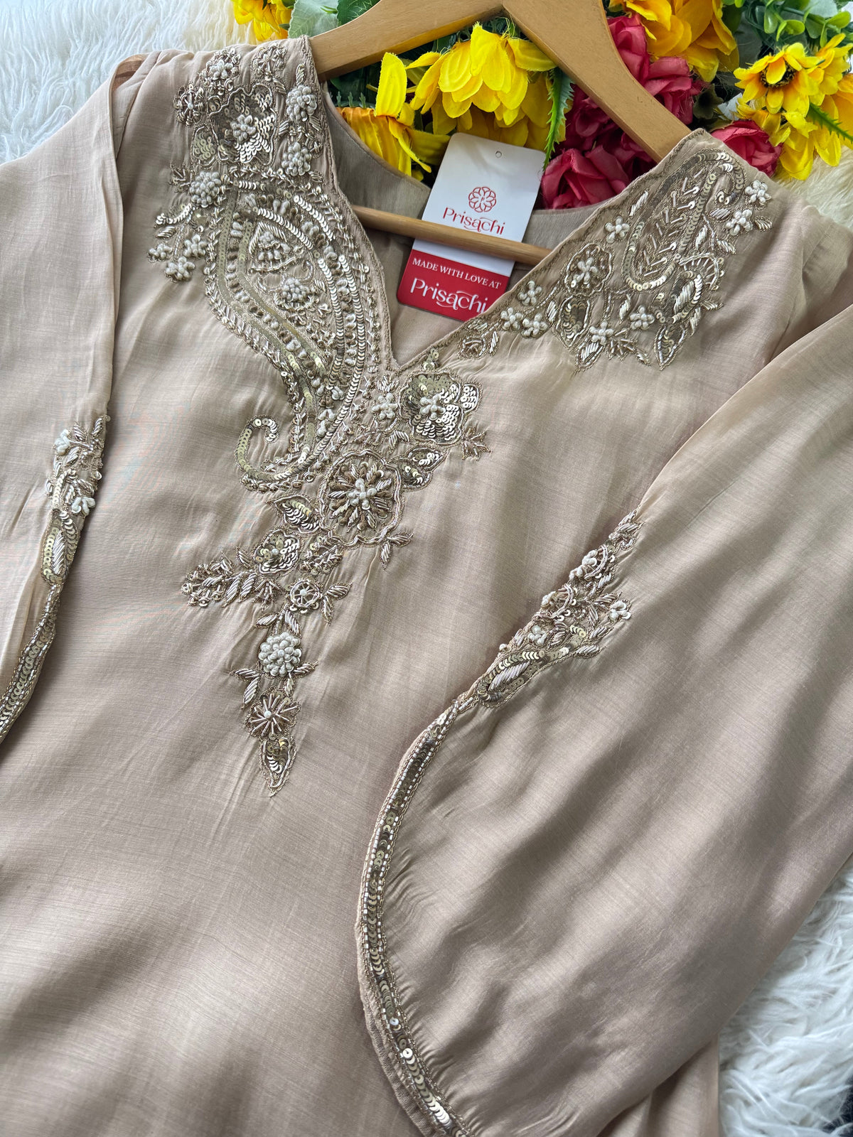 Beige Designer Embroidered kurta set with pant with dupatta
