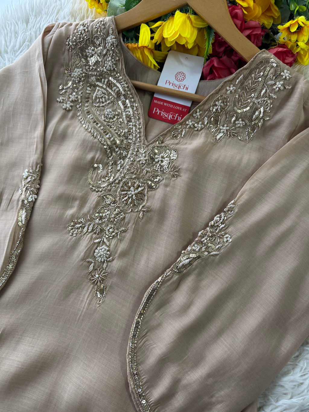 Beige Designer Embroidered kurta set with pant with dupatta