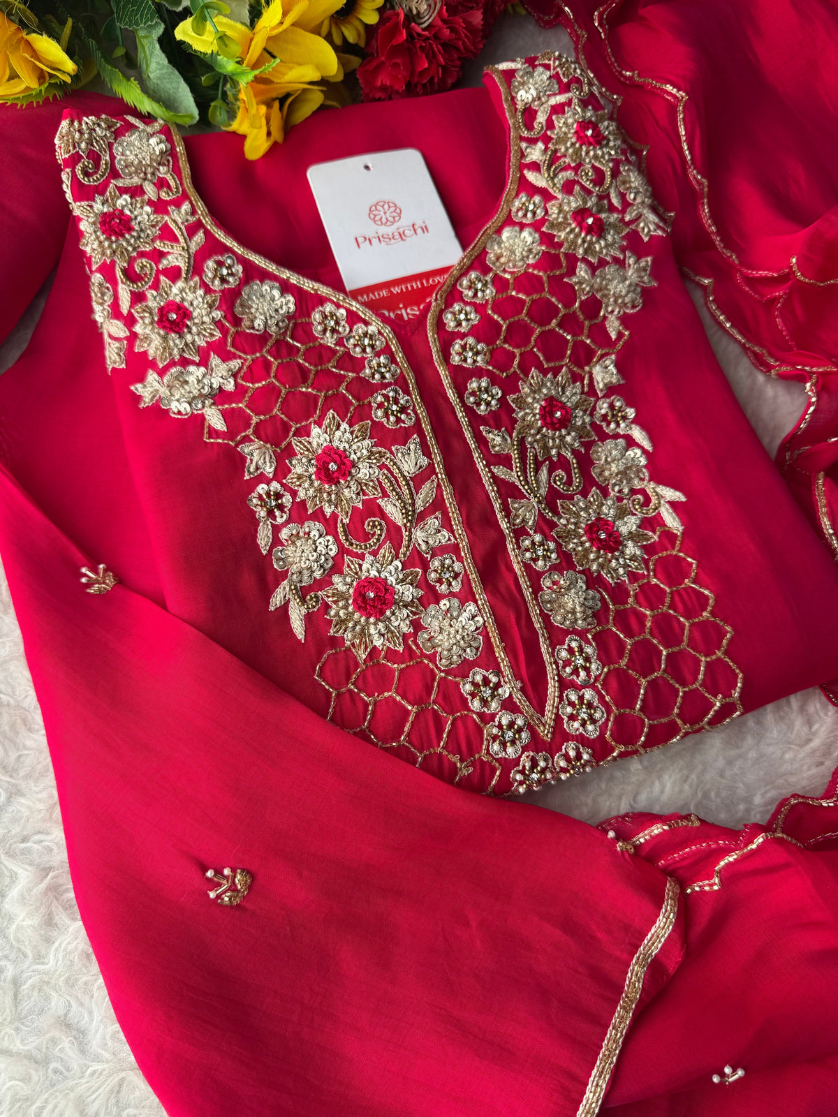 Pink Zardozi Embroidered Kurta Set for Women with Pants & Dupatta | Traditional Ethnic Wear