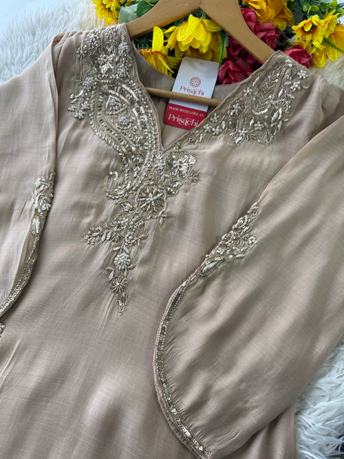Beige Designer Embroidered kurta set with pant with dupatta