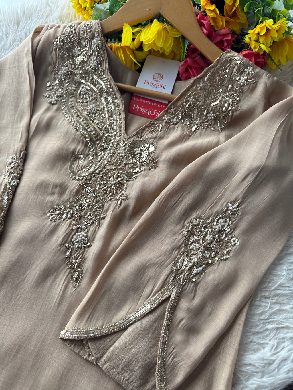 Beige Designer Embroidered kurta set with pant with dupatta