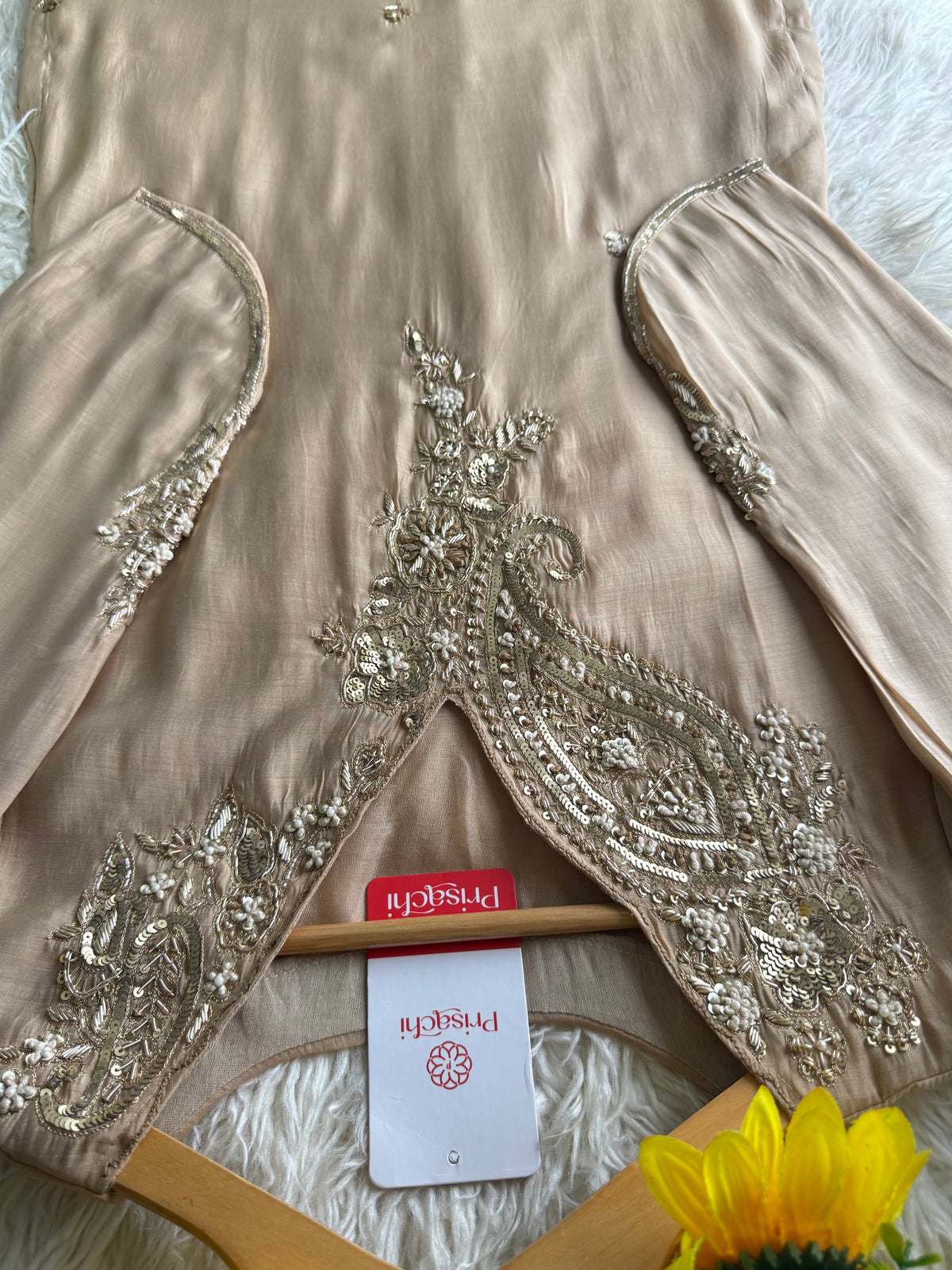 Beige Designer Embroidered kurta set with pant with dupatta