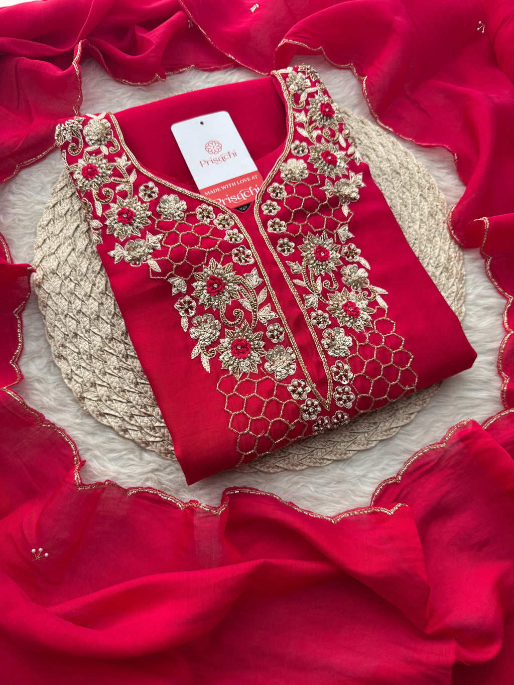 Pink Zardozi Embroidered Kurta Set for Women with Pants & Dupatta | Traditional Ethnic Wear