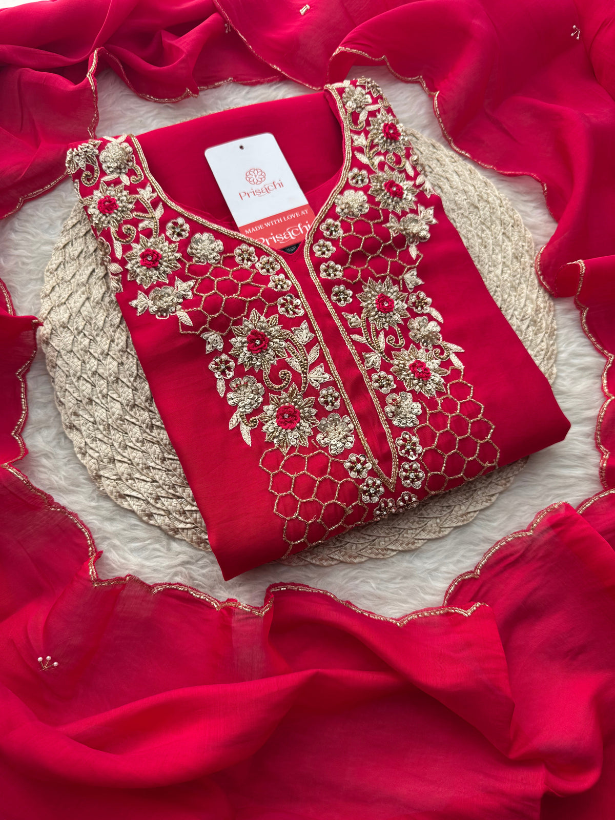 Pink Zardozi Embroidered Kurta Set for Women with Pants & Dupatta | Traditional Ethnic Wear