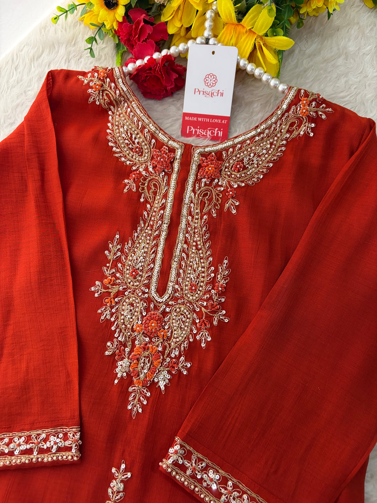 Orange Embroidered Ethnic Kurta Set for Women with Pants & Dupatta | Festive Traditional Wear