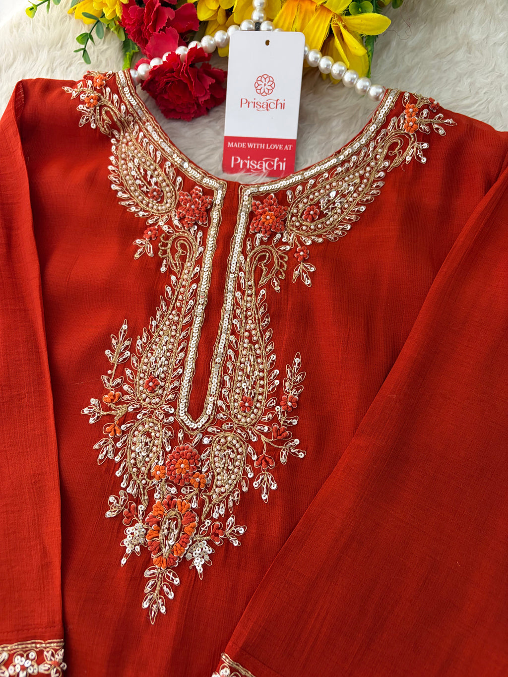 Orange Embroidered Ethnic Kurta Set for Women with Pants & Dupatta | Festive Traditional Wear
