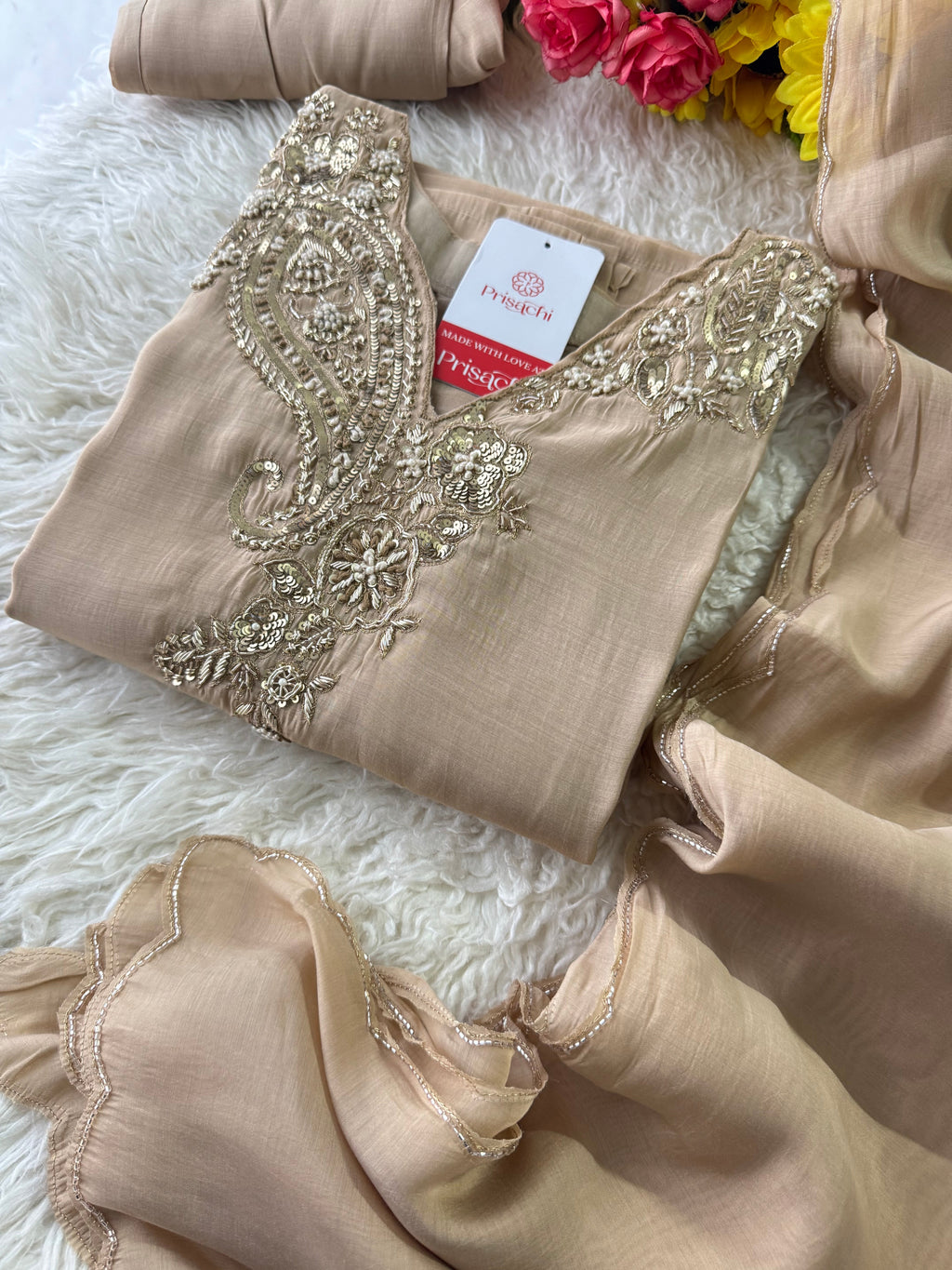 Beige Designer Embroidered kurta set with pant with dupatta
