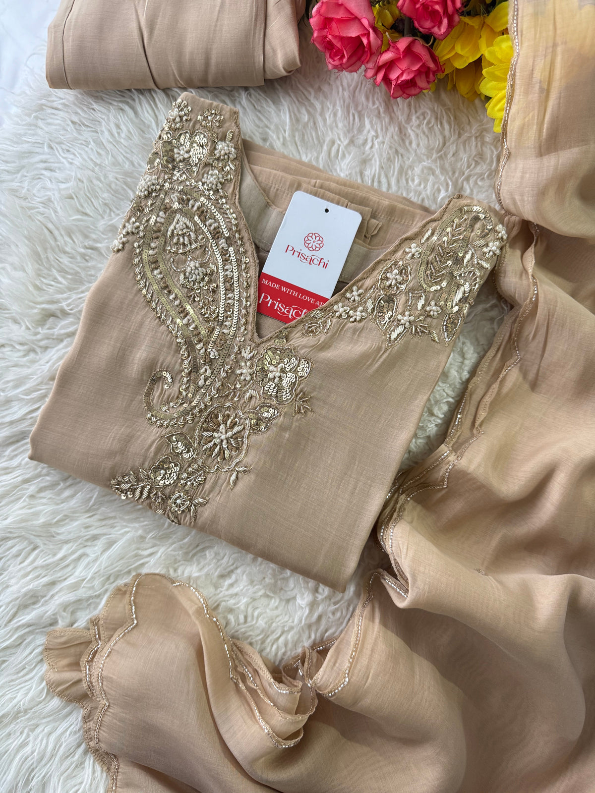 Beige Designer Embroidered kurta set with pant with dupatta