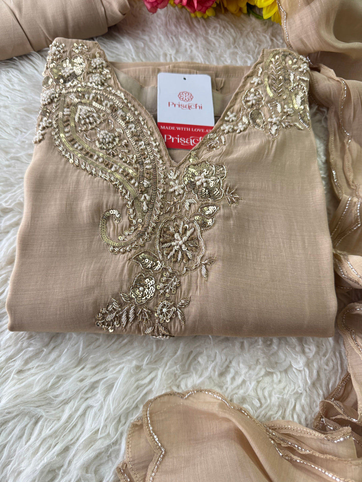 Beige Designer Embroidered kurta set with pant with dupatta