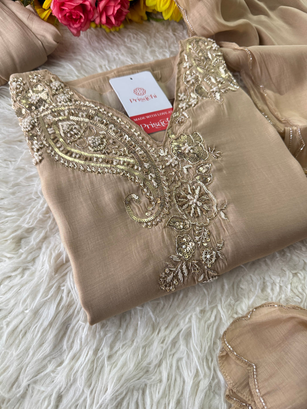 Beige Designer Embroidered kurta set with pant with dupatta