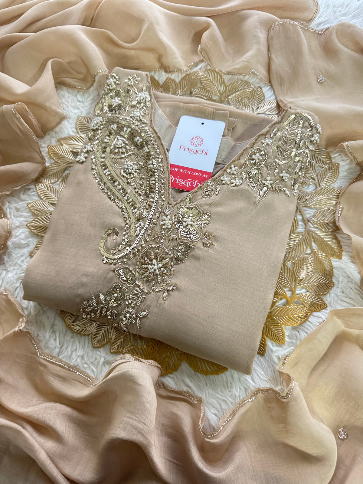Beige Designer Embroidered kurta set with pant with dupatta