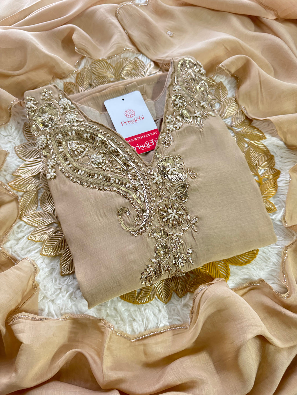 Beige Designer Embroidered kurta set with pant with dupatta
